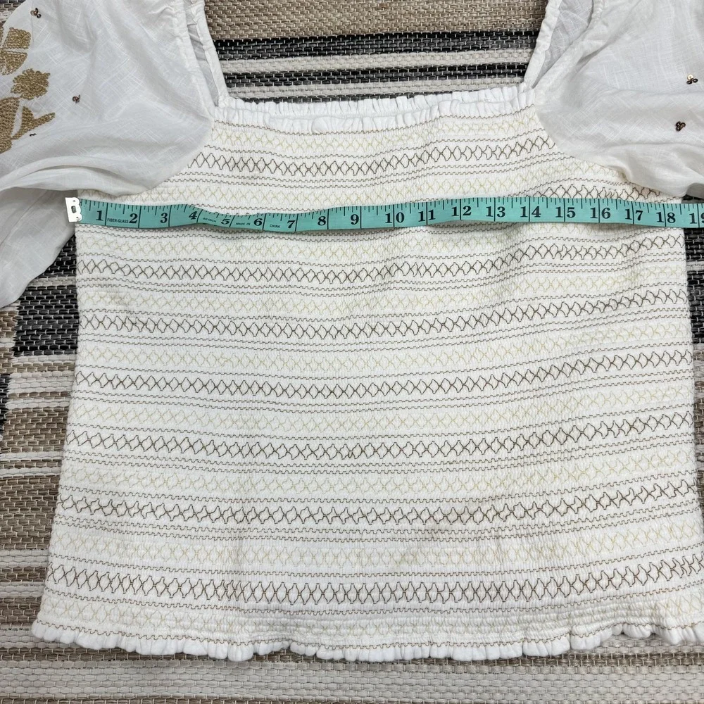 Anthropologie Women's XL White Smocked Embroidered Puff Sleeve Square Neck Top‎